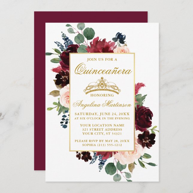 Invitación Acuarela Borgoña Floral Rosa Quinceanera (Anverso / Reverso)