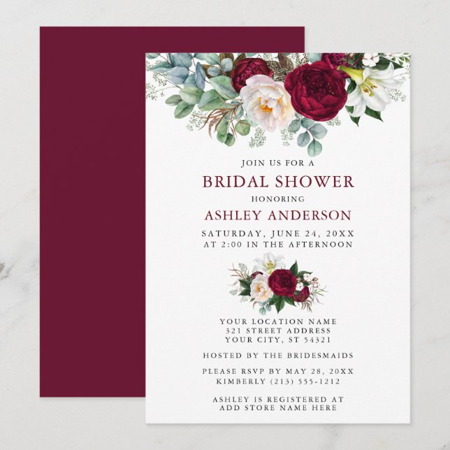 Invitación Acuarela Borgoña Floral Verdor Bridal Ducha (Anverso / Reverso)