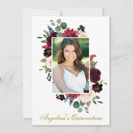 Invitación Acuarela Borgoña Foto Floral Rosa Quinceanera
