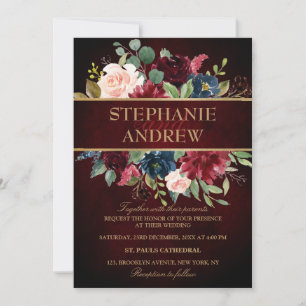 Invitación Acuarela Borgoña Marina Roja Floral Rustic Boho