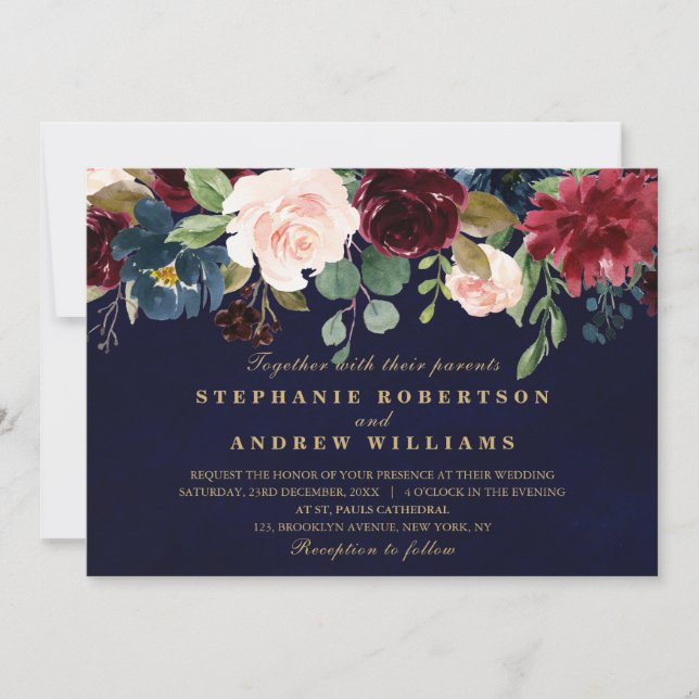 Invitación Acuarela Borgoña Marina Roja Floral Rustic Boho (Anverso)