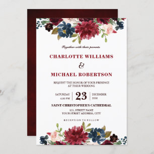 Invitación Acuarela Borgoña Marina Roja Floral Rustic Boho
