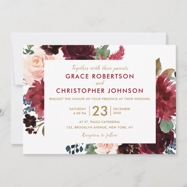 Invitación Acuarela Borgoña Marina Roja Floral Rustic Boho (Anverso)