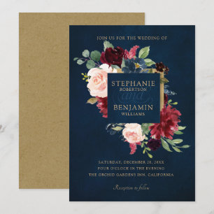 Invitación Acuarela Borgoña Marina Roja Floral Rustic Boho