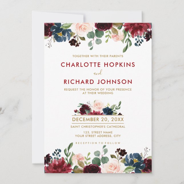 Invitación Acuarela Borgoña Marina Roja Floral Rustic Boho (Anverso)