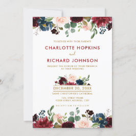 Invitación Acuarela Borgoña Marina Roja Floral Rustic Boho