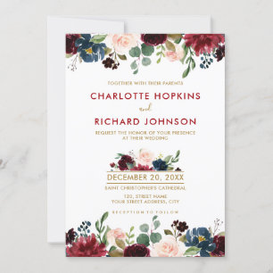 Invitación Acuarela Borgoña Marina Roja Floral Rustic Boho