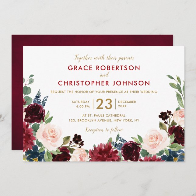 Invitación Acuarela Borgoña Marina Roja Floral Rustic Boho (Anverso / Reverso)