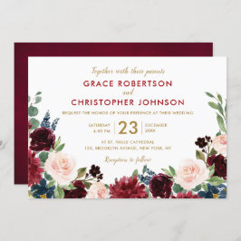 Invitación Acuarela Borgoña Marina Roja Floral Rustic Boho