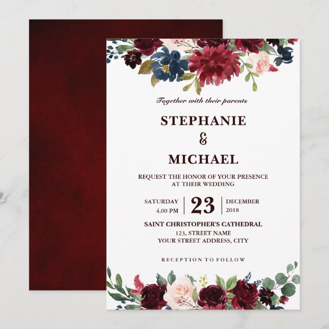 Invitación Acuarela Borgoña Marina Roja Floral Rustic Boho (Anverso / Reverso)