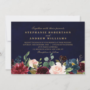 Invitación Acuarela Borgoña Marina Roja Floral Rustic Boho