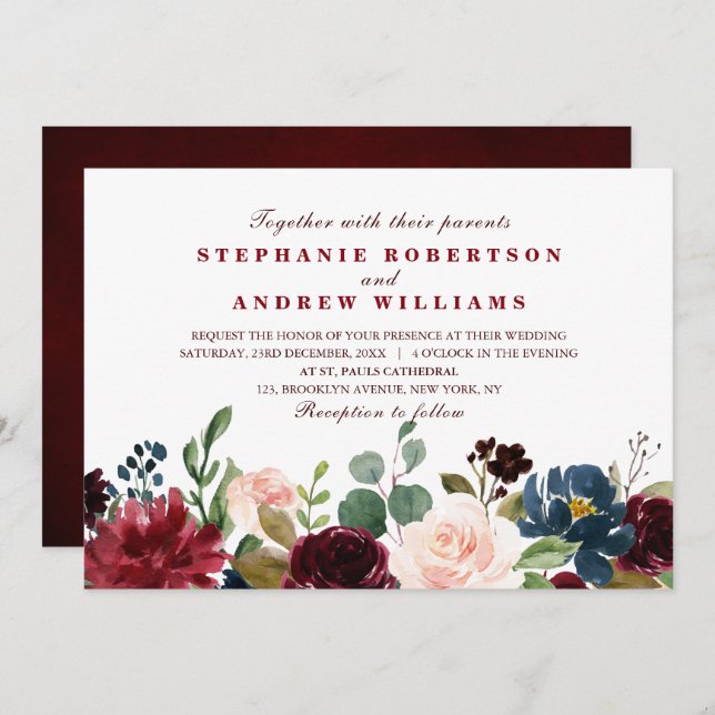 Invitación Acuarela Borgoña Marina Roja Floral Rustic Boho (Anverso / Reverso)