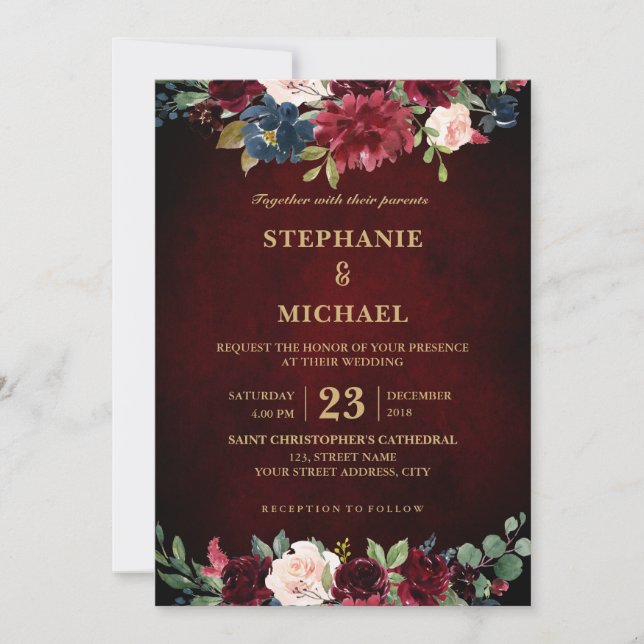 Invitación Acuarela Borgoña Marina Roja Floral Rustic Boho (Anverso)