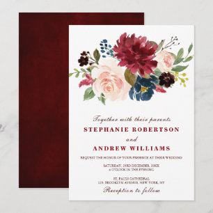 Invitación Acuarela Borgoña Marina Roja Floral Rustic Boho