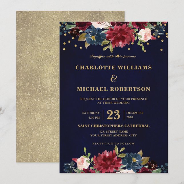 Invitación Acuarela Borgoña Marina Roja Floral Rustic Boho (Anverso / Reverso)