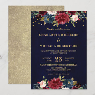 Invitación Acuarela Borgoña Marina Roja Floral Rustic Boho