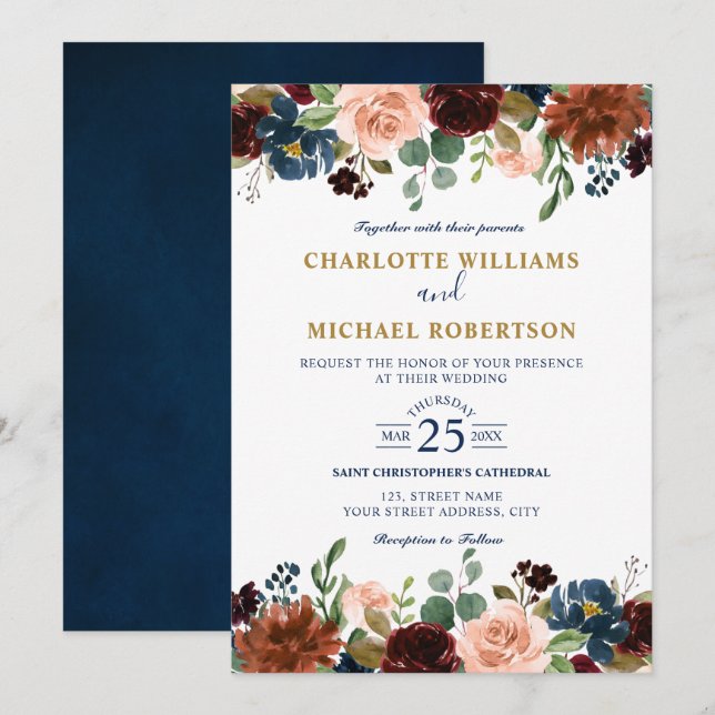 Invitación Acuarela Borgoña Marina Roja Floral Rustic Boho In (Anverso / Reverso)
