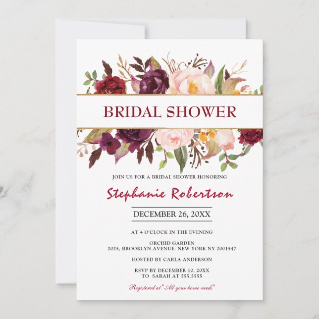 Invitación Acuarela Borgoña Rojo Floral Boho Bridal Shower (Anverso)