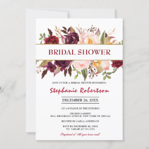Invitación Acuarela Borgoña Rojo Floral Boho Bridal Shower