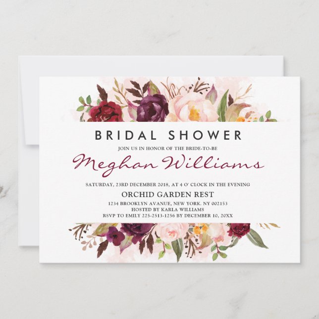 Invitación Acuarela Borgoña Rojo Floral Boho Bridal Shower (Anverso)