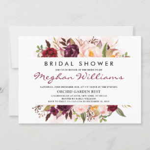 Invitación Acuarela Borgoña Rojo Floral Boho Bridal Shower