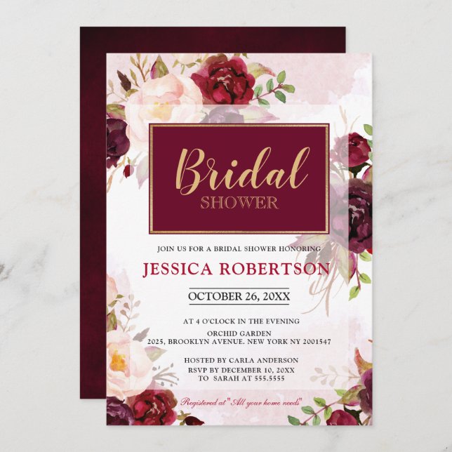 Invitación Acuarela Borgoña Rojo Floral Boho Bridal Shower (Anverso / Reverso)