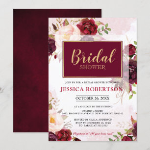 Invitación Acuarela Borgoña Rojo Floral Boho Bridal Shower