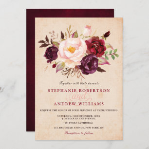 Invitación Acuarela Borgoña Rojo Floral Rústico Boho