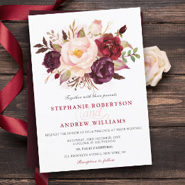 Invitación Acuarela Borgoña Rojo Floral Rústico Boho