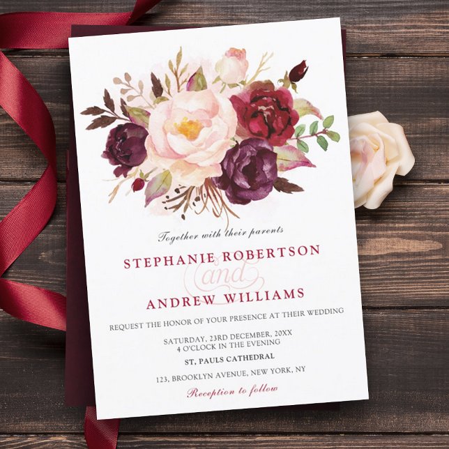 Invitación Acuarela Borgoña Rojo Floral Rústico Boho (Burgundy blush wedding)