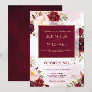 Invitación Acuarela Borgoña Rojo Floral Rústico Boho