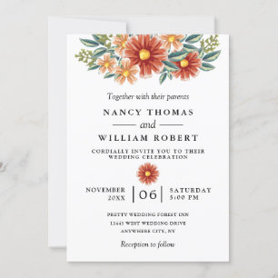 Invitación Acuarela Borgoña Rojo Floral Rustico Boho Boda