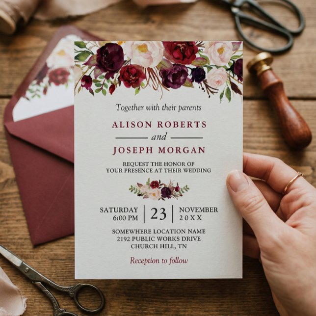 Invitación Acuarela Borgoña Rojo Floral Rustico Boho Boda (Subido por el creador)