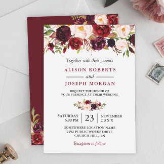 Invitación Acuarela Borgoña Rojo Floral Rustico Boho Boda