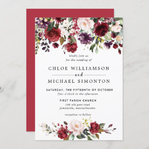 Invitación Acuarela Borgoña Rojo Rosa Floral Rústica Boda