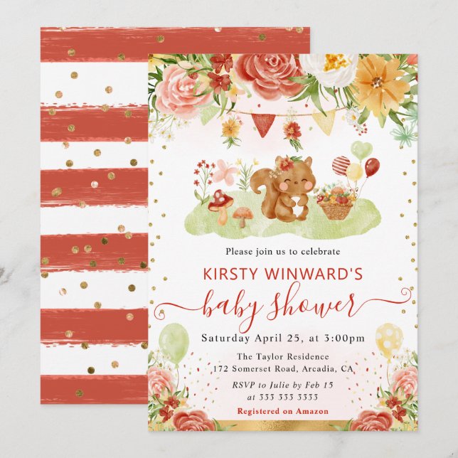Invitación Acuarela Bosque Ardilla Shower de Bebé (Anverso / Reverso)