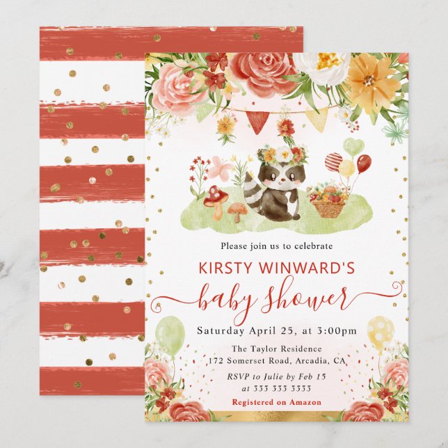 Invitación Acuarela Bosque Mapache Shower de Bebé (Anverso / Reverso)