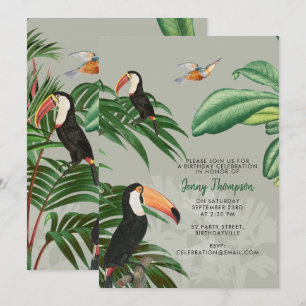 Invitación Acuarela Bosque Tropical y Aves Turcas Cumpleaños