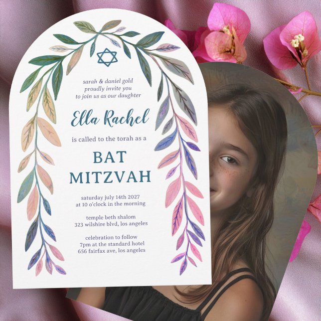 Invitación Acuarela Botánica Bar Mitzvah Arco Foto (Botanical Watercolor Bar Bat Mitzvah Arch CUSTOM Photo Invitation
)