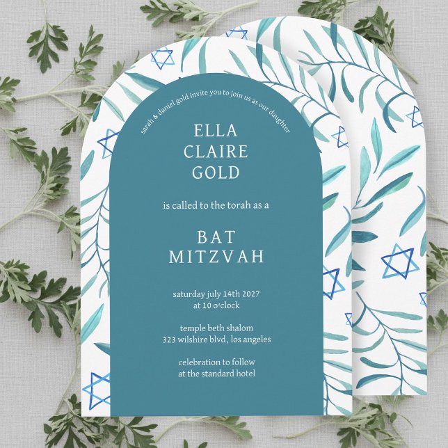 Invitación Acuarela Botánica Estrella de David Bar Bat Mitzva (Watercolor Botanical Star of David Bar Bat Mitzvah Invitation
)