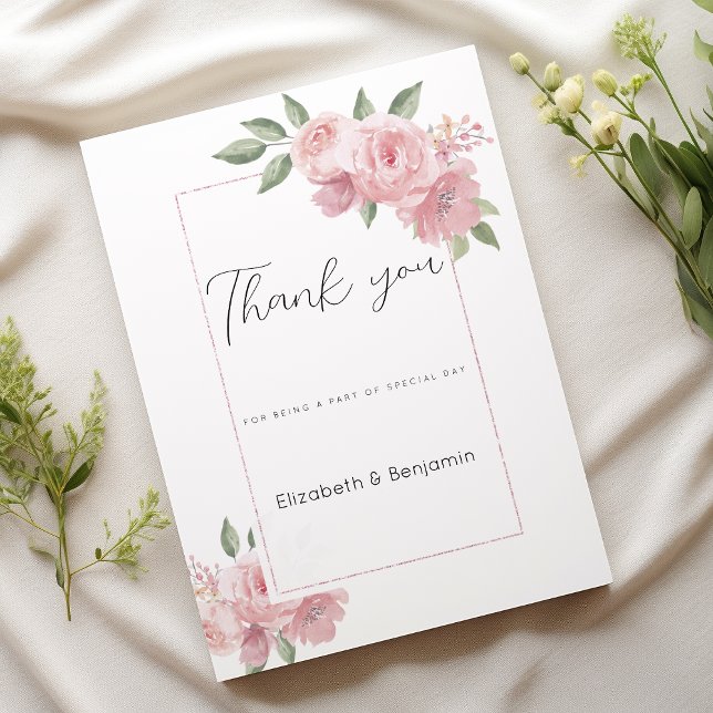 Invitación Acuarela botánica flora rosa pastel Gracias (Watercolor botanicals pastel pink flora Thank You)