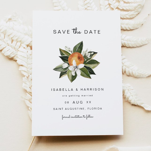 Invitación Acuarela Botánica Flores de Naranja Save the Date (Elegant Orange Botanical Save the Date Cards)