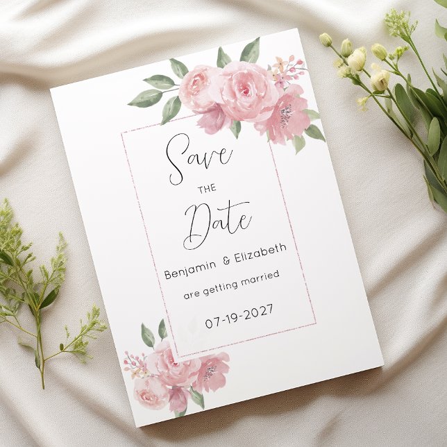 Invitación Acuarela botánica flores rosadas Salven la fecha (Watercolor botanicals pink flowers Save the Date)
