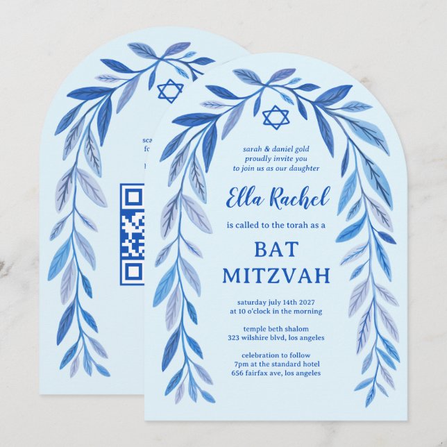 Invitación Acuarela Botánica QR Bar Bar Bat Mitzvah Arch (Anverso / Reverso)