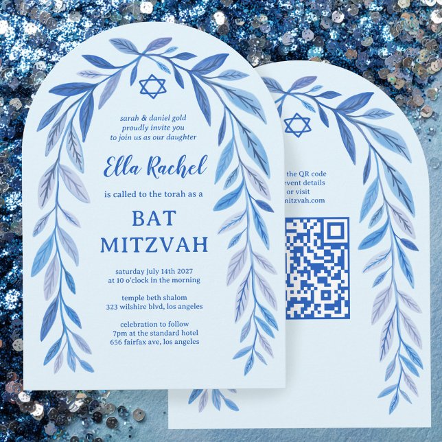 Invitación Acuarela Botánica QR Bar Bar Bat Mitzvah Arch (Botanical Watercolor QR Code Bar Bat Mitzvah Arch Invitation
)