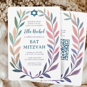 Invitación Acuarela Botánica QR Bar Bat Mitzvah PERSONALIZADA