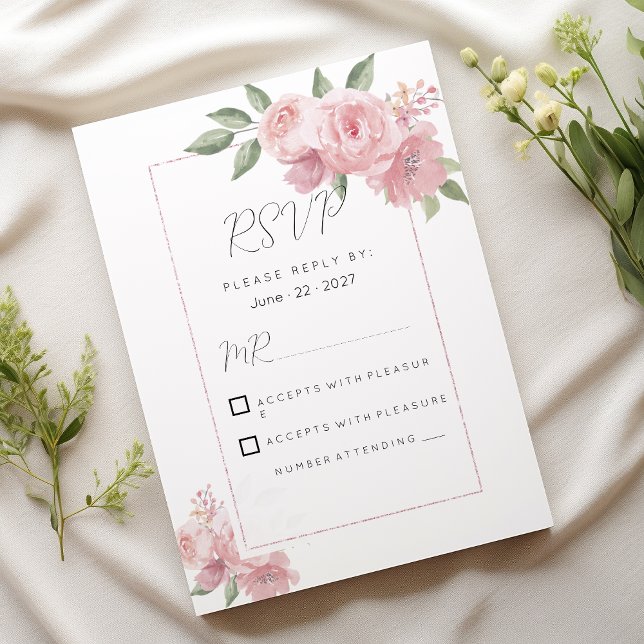 Invitación Acuarela botánica RSVP rosa pastel floral (Watercolor botanicals pastel pink floral RSVP )