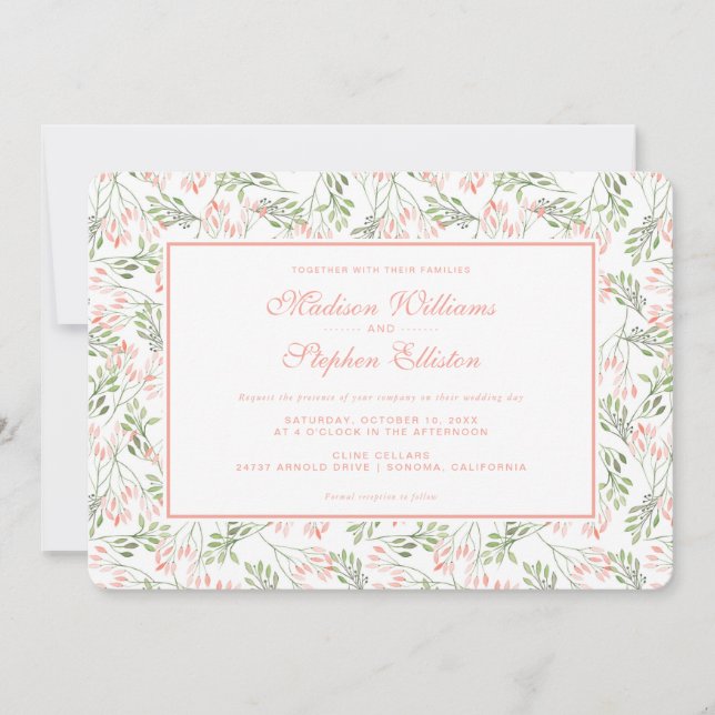 Invitación Acuarela Botánica Verde y Rosa - Boda (Anverso)