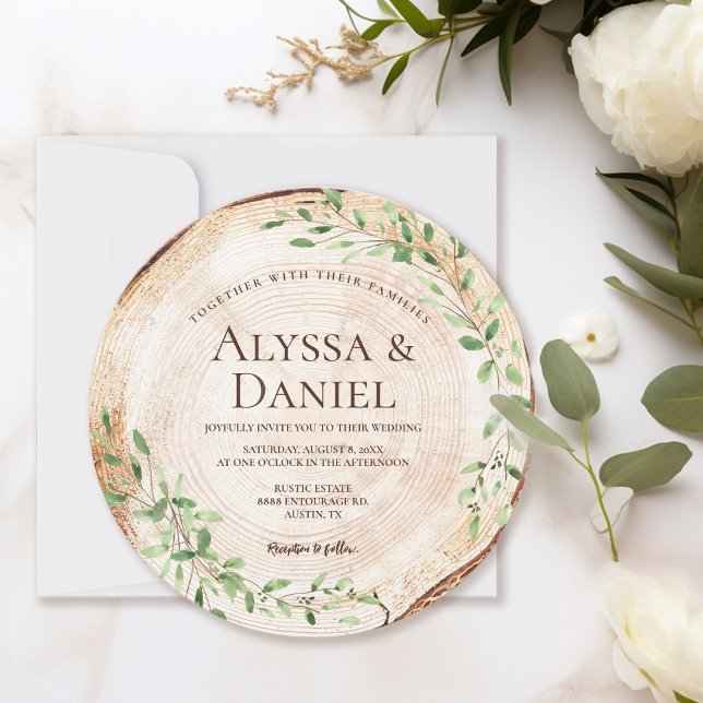 Invitación Acuarela Botánica Verdor Madera Trozo Rústico (Botanical rustic wood slice wedding round invitation)