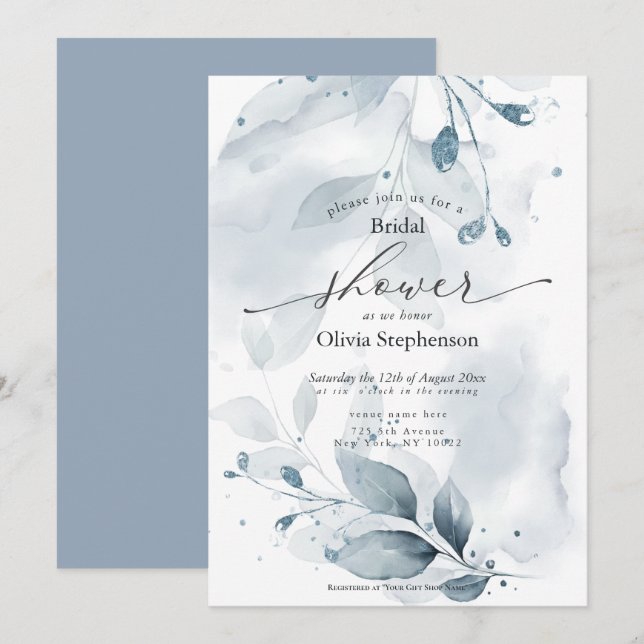 Invitación Acuarela Bridal Shower Rustic Blue Foliage (Anverso / Reverso)